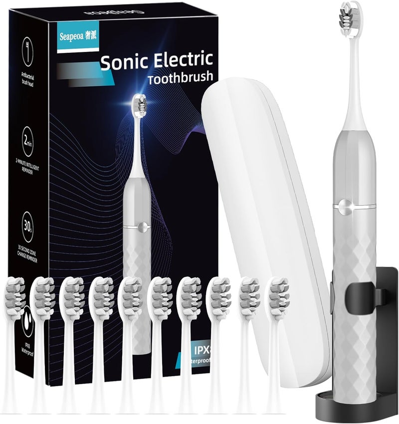 Seapeoa Electric Toothbrush Set, Equipped with 10 Brush Heads and Travel case, IPX8 Waterproof, 2-Minute Timer, 42000 high-Frequency Vibrations, 5 Modes, The First Choice for Gift Giving - Image 1